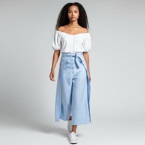 Light Blue Linen Faux Wrap Pants | Front Button Detail with Tie Waist